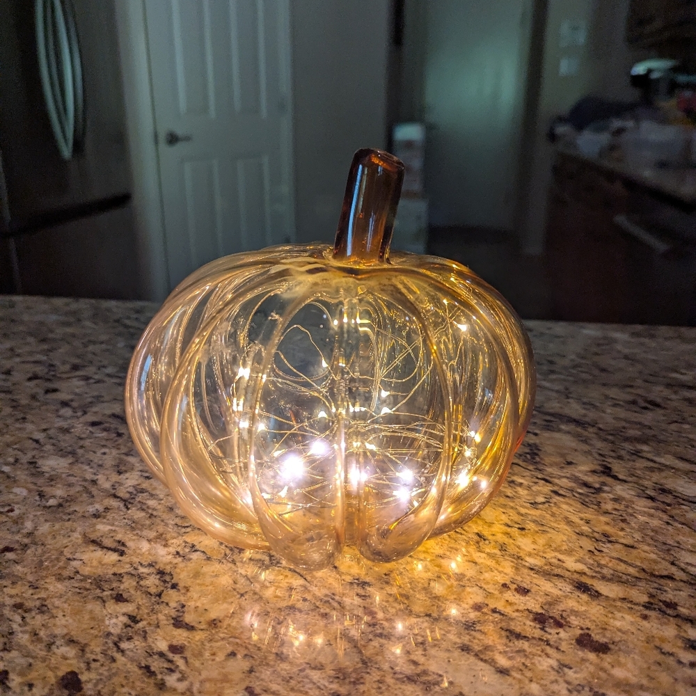 VTG Smith & Hawken Hand Blown Hollow Amber Art Glass Pumpkin W Stem Chimney 7"